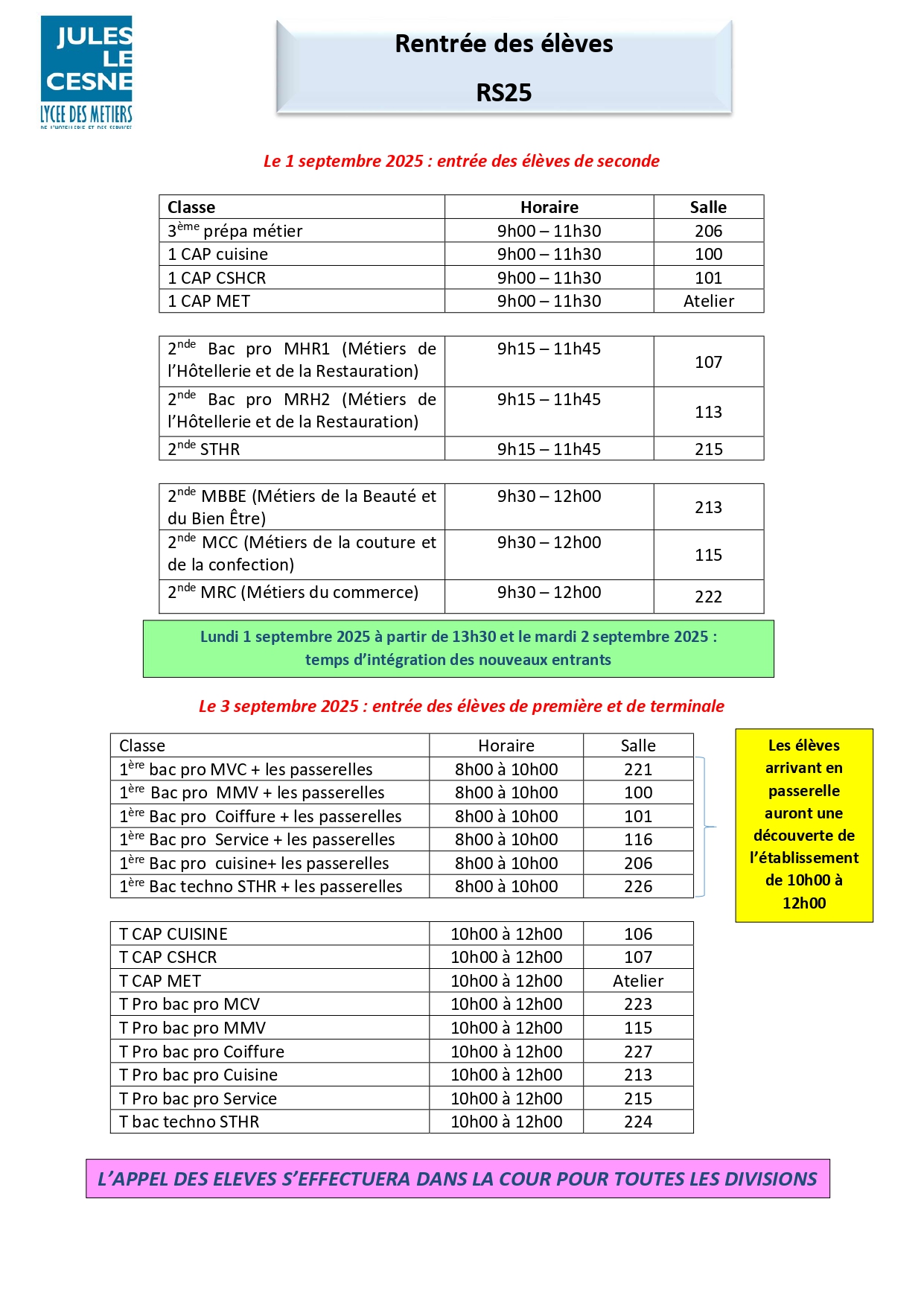 DATES DE RENTREE 2025 JULES LE CESNE