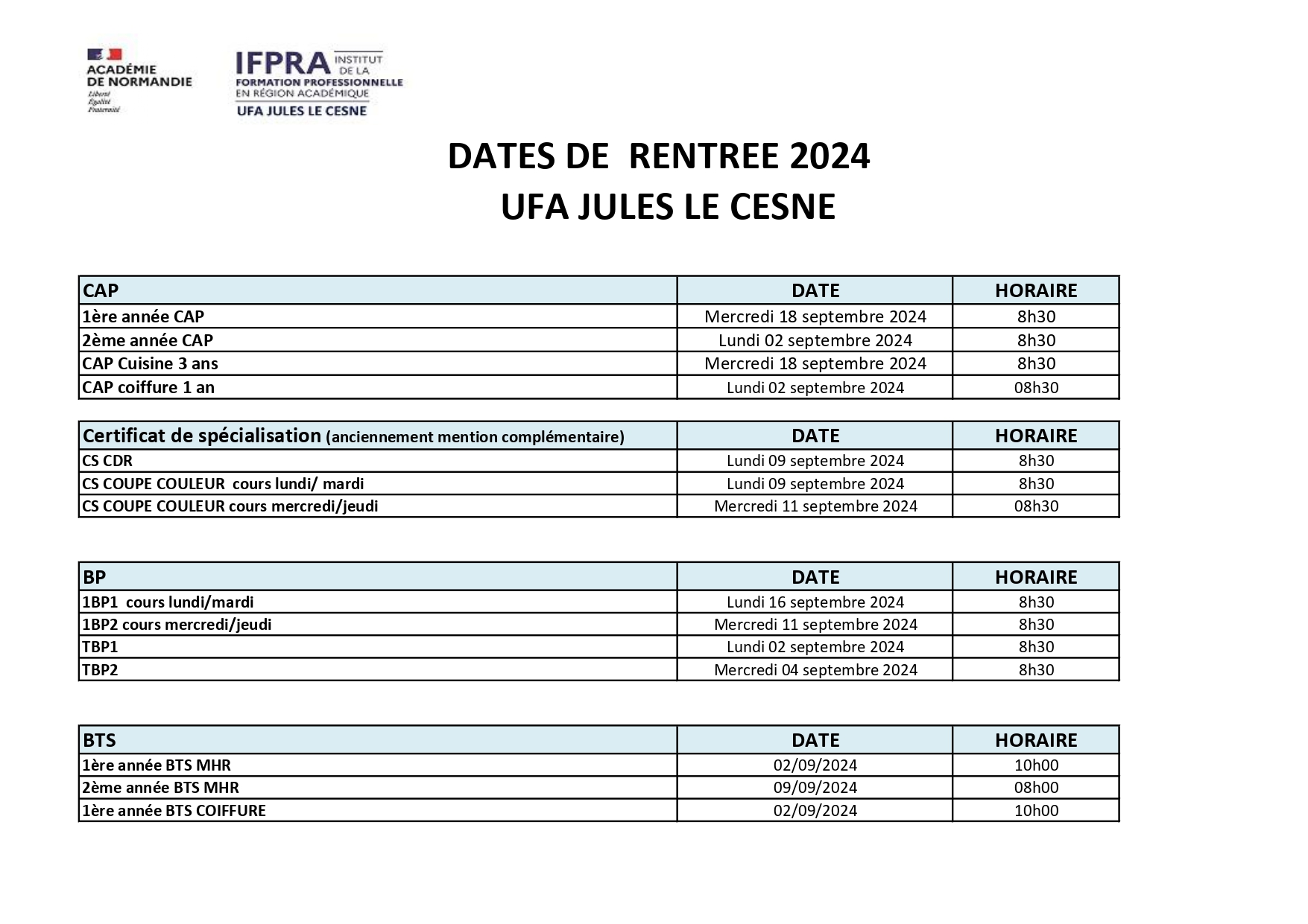 Lycée Juleslecesne DATES DE RENTREE 2024 UFA JULES LE CESNE (2)