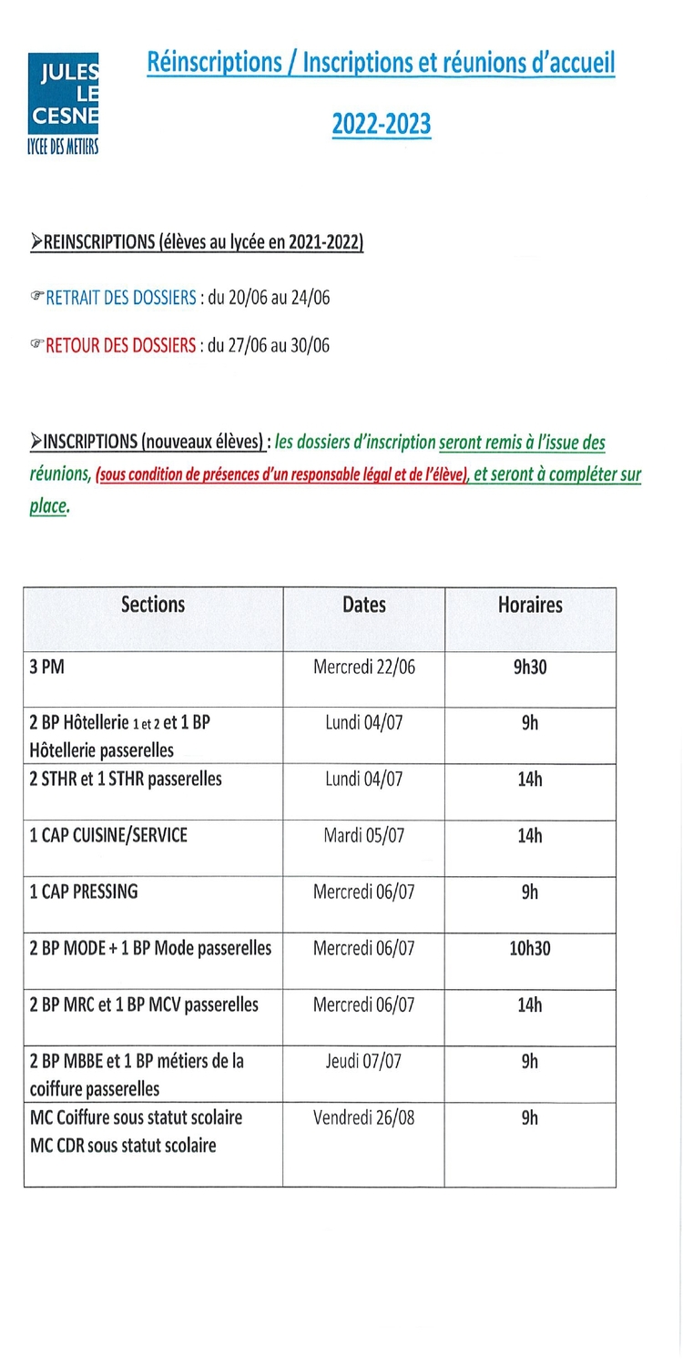 Réinscriptions /Inscriptions et Réunions d'accueil 2022-2023